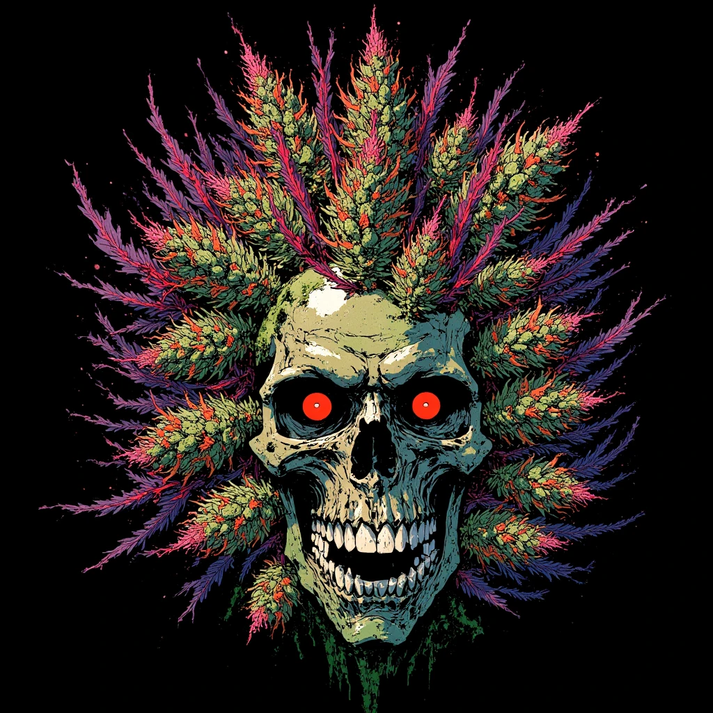 A realistic and futuristic biomechanical space alien discovers an inhospitable planet. It's very detailed and textured. We see the galaxy and a magnificent and textured light The Marijuana vines crept across their skin, tendrils worming into pores, twining around limbs. At first it was a tickle, a tease, marijuana leaves fluttering over flesh. But then the vines thickened, tightened, thorns digging in, not to draw blood but to anchor. They felt the marijuana pulse inside them giving them pure euphoria, cannabinoids polluting in their veins, marijuana crystals and resin start creeping into their bones. They watched looking at them selves as they sat in a room of mirrors what showed the image on every surface, immobilized with euphoria, as THC AND CBD seeped through their skin, etching rainbow like shadows. The last remains of their humanity withered as the marijuana wrapped them in marijuana flower and marijuana crystals, reducing them to pure euphoria. Soon there was no visible trace of the man, only a human-shaped mass of marijuana standing there.