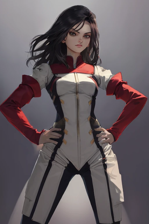 (best qualityer))), (((manga strokes))), (((long white hair with straight bangs and red highlights))), (((wide pants with 2 side stripes))), uma Kizi jovem muito bem vestida com roupas modernas de inverno, top gift vertical stripes, short jacket with dark fur collar, beautiful and expressive face, slightly-smile, big eyes with long black eyelashes, heavy make-up, chains and zippers spread across clothes, contrasting colours, pose de atitude, hair with a modern and futuristic cut, urban game poster art, dramatic camera angles, graffiti art elements in the background, design mixing contemporary and retro by Shepard Fairey, (((cowboy shot))), (((best qualityer: 1.4))), (Unbeatable masterpiece), (hiper HD),(CG 8k hyper-realistic), Kizi, (((standing alone))), pirralha violent, (((14歳))), sexly, pose de atitude, work of art, post-apocalypse, (((manga style))), bounty hunter, violent, Manic, the way you want, slenderbody, thin but strong, perfectbody, roupa moderna, advanced technology, neon, sleeves with vertical striped pattern, neutral background, (( cowboy shot )). intricate visual