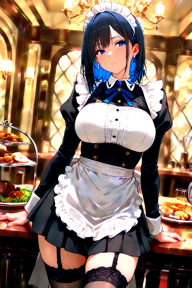 ((highly detailed)), genshin impact, ganyu, perfect human hands, (great breast:1.1),masterpiece, best quality, ultra-detailed, glistening shiny, glowing light, ray tracing, HDR, deph of field, (perfect face, detailed face, detailed eyes,perfect hands,perfect fingeredium :1.2),8k,HD,ultra realistic face,ray tracing,perfect lighting,best quality, ultra-detailed, shiny eyes, (looking at the distance, serious:1.1), ((1girl:1.2)),cowboy shot,thicc,streaked_hair,((blue gradient hair)),multicolored eyes, gradient eyes, (glowing eyes:1.5), mascara, (fashion make up), (parted lips,blush, cafe maid, cafe, inside cafe, maids, tables, food, restaurant:1.4),((super detailed background)), dynamic poses, ((8k wallpaper)), (mature female), white headwear, black thighhighs, (((mini skirt:1.4))), gigantic sagging breast, (ganyu horns)