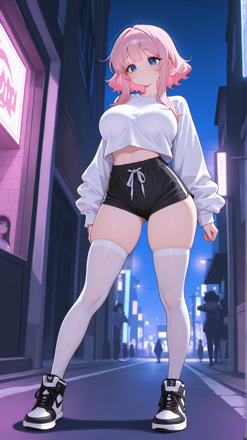 black hair, long hair, front view detailed body, long belly , Slender body, tight body , thicc, large breast , long thighs, masterpiece,best quality, official art, extremely detailed CG unity 8k wallpaper, ((top quality, 8k, masterpiece: 1.3, ultra hd, high quality, best quality, high definition, ((realism)), sharp focus: 1.5,(Very detailed CG unity 8K wallpaper), Dark Cinematic Lighting, cinematic lighting, sooahdef \(Secret Class\), large breasts, fair skin,sweaty body, sweaty face, seductive smile, earrings, Looking at the viewer, pov eye contact, embarrassed, shy, blushing, bob_cut, short hair, front view, 1girl, crop top, shirt, navel, cleavage, collarbone, denim, shorts denim, hot pants, stockings, full body, city night background