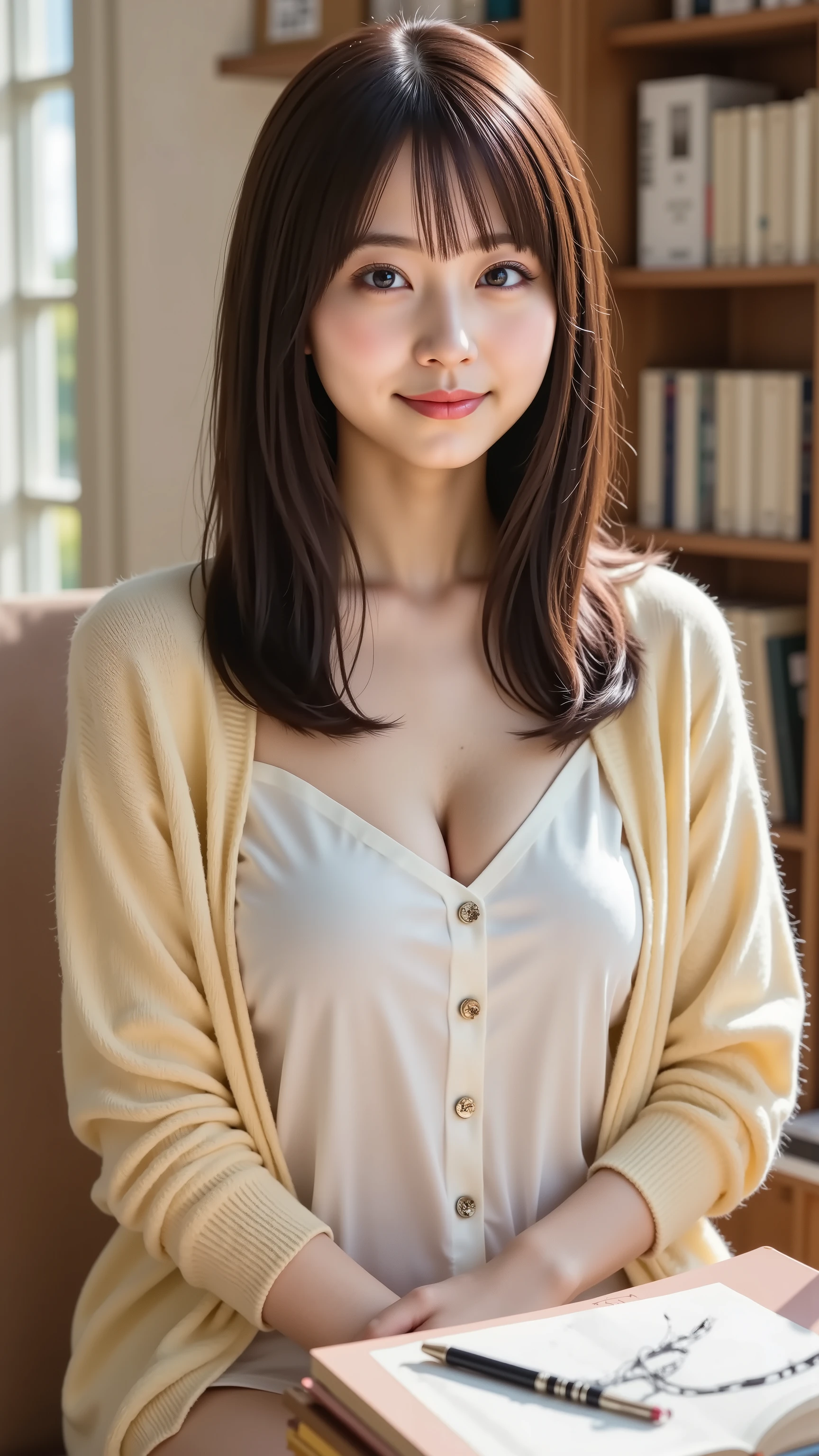 Haruka, Hard chest, The brown twill shines with a bronze undertone on the illuminated surface, Cropped from just above the bust to slightly above the top of the head. A realistic digital illustration of a young woman sitting in a cozy space, Den or reading room with sunlight full of books and documents, framing is adjusted so that the entire subject's head can be seen in the composition, The crop is only visible from just below the shoulders to slightly above the top of the head No. The blouse has a button-down front、establish spatial context. The illustration focuses on the subject's upper body clothing and warm interior background.
I'm wearing a white shirt blouse with open buttons on the top, A slight opening is created in her chest、how the cloth stretches naturally comes out. shirt collar looks open and relaxed. Over a blouse, she's soft, pale yellow cardigan hanging over the shoulder. The texture of the cardigan looks light and slightly fuzzy, where it hangs down without being loosely fastened.
Her posture is upright, but、relaxed, hands are placed under a visible frame, seems to be close to books and papers. soft, warm lighting, probably from the large window behind Light shining in, The natural light is soft and emphasizes her characteristics and texture of the cloth.
The background depicts a detailed interior filled with books and documents lined up on bookshelves, and scattered piles of documents and open folders. bright light shines through a white-framed window, The desk lamp and ceiling lighting create an academic atmosphere. the color is warm wood grain, cream wall , and diffuses natural light, creating a calm and focused atmosphere.
The overall scene is 、classic academic vibe and soft, Natural realism, structure is emphasized on both clothing and environment.