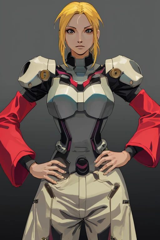 RUSSIAN WAIFU in combat exoskeleton, suit colors white, blue and red, metal, small red star on armor, blonde, blue eyes, thick hair, long braid