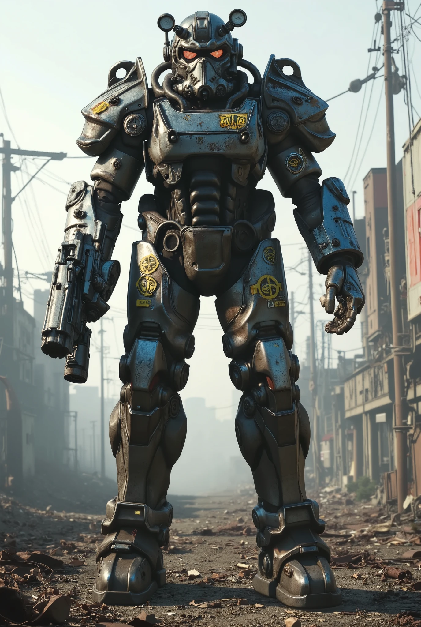highest details, ultra hyper realism. highly detailed and realistic. intricate and highly professional artwork, an absolute masterpiece.
Fallout Brutalist style, gothic fantasy, moody lighting, rusted metal tones, ash and ember palette.
Wide view, futuristic, Sci-fi cinematic scene. Rural wastedland background. THE FALLOUT STYLE armor, Industrialized Security type Power Armor, klein blue camourflag, heavy bolter. Golden runes and cybernectic line decorate, Grimmdark, mechanical. (Ultra-realistic, 32k, Masterpiece, High Quality, Detailed Realistic Background, Official Art, Realistic Lighting, filmfotos, film grain, reversal film photography).