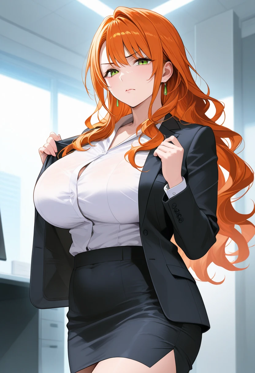 Super-detailed, 8k HD, Rangiku Matsumoto, 1 girl, solo, long orange hair, slender hips, thick thighs, huge and droopy breast, huge round ass, black office suit and mini skirt, standing in the hallway, arm cross, serious face, looking at the viewer, view from the front