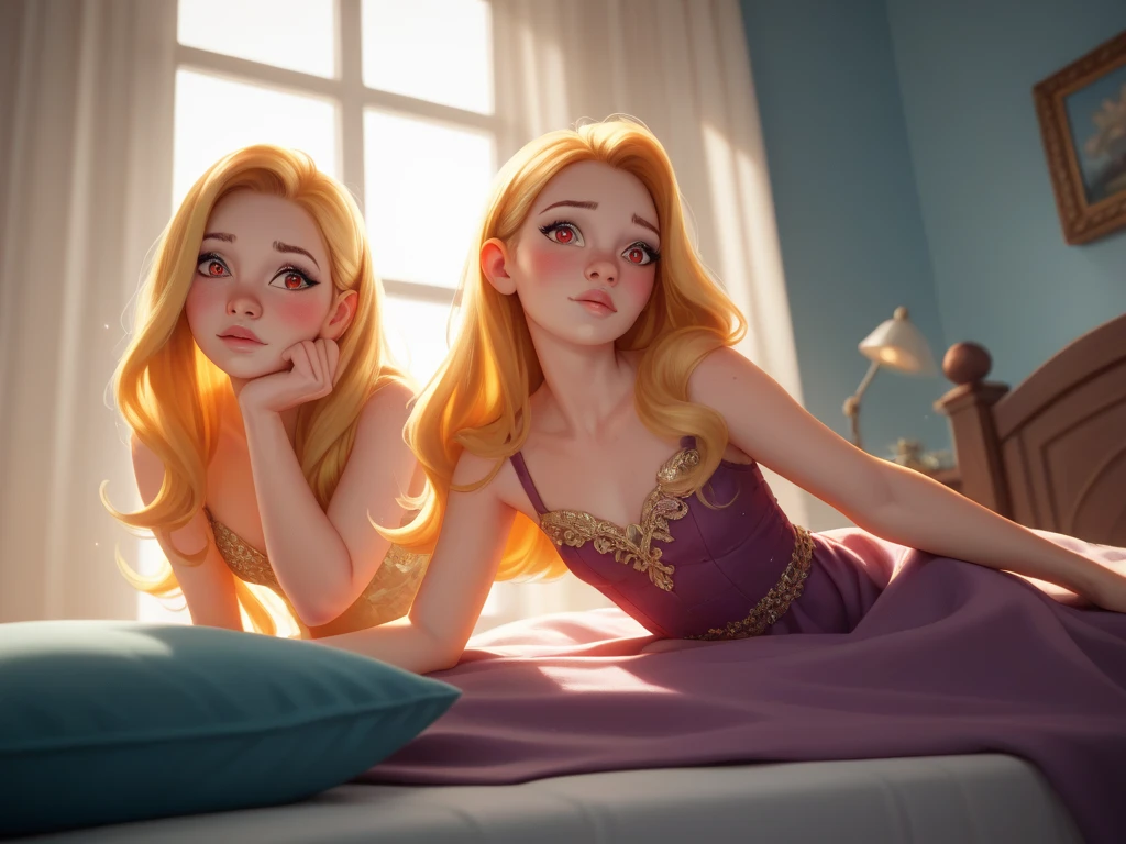 create a 3d cartoon disney pixar movie poster of two girl best friends. one girl has curly brown hair with blue eyes, and the other girl has long straight blonde hair with green eyes. they are taking a nap in a big comfy bed