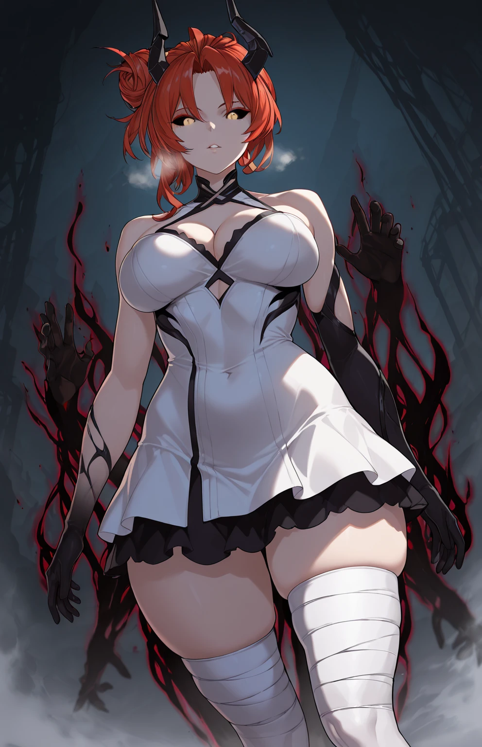 masterpiece, Highest quality,High resolution,Dorothy, Redhead,Red eyes, Have,dress,Braiding, black dress,One side of the dress is torn at the chest、Dust cloud、tits、Nipples fully visible、receive damage from an attack、anime、((Battle scene in the ruins))、blush、Line art、Pencil drawing