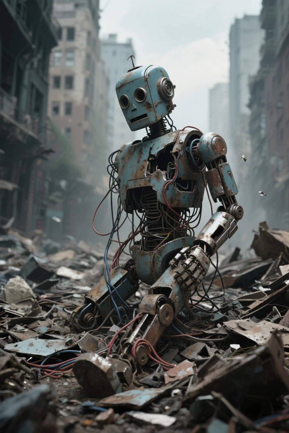  create a stunning realistic art image about a broken retro robot (1950's) dead city, debris, scraps of metal, the robot lost his right arm and left leg, messy wires on his body, war, metal debris, metal scrap everywhere, masterpiece, best quality. 