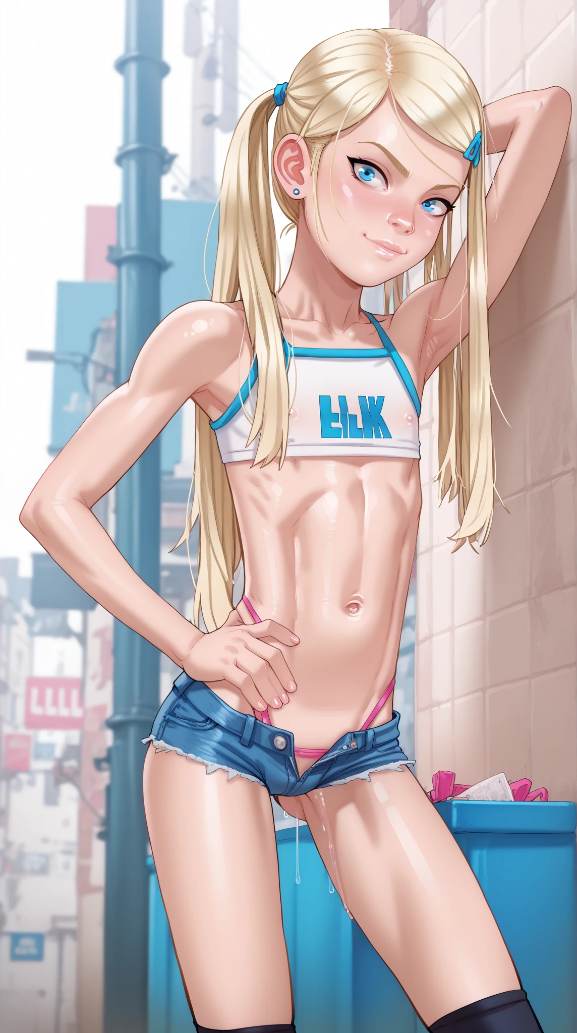 masterpiece, best quality, 1girl, solo, nice hips, slut, slutty bimbo clothes, medium breasts, smile, blonde, slut, young girl, bratty girl, wide hips, pink crop top, shorts, midriff, nipple bugle in top,
