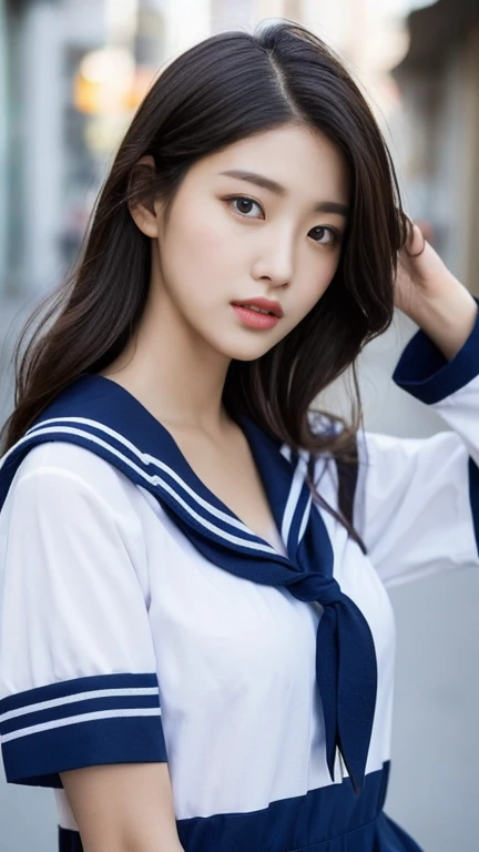 (highest quality,8k,High resolution:1.2),(Beautiful and realistic Japanese women:1.6)、(Cute Japanese Girl:1.4),(Huge breasts:1.25),(Attractive body),(school uniform,Sailor suit,Pleated skirt,Sailor collar,White shirt:1.2)、17 years old、Perfect Anatomy、Beautiful limbs、Beautiful Skin、Professional photos、(Dear Woman、The joy of loving、Heartbeat:1.4)、Happy、National park、gravure、