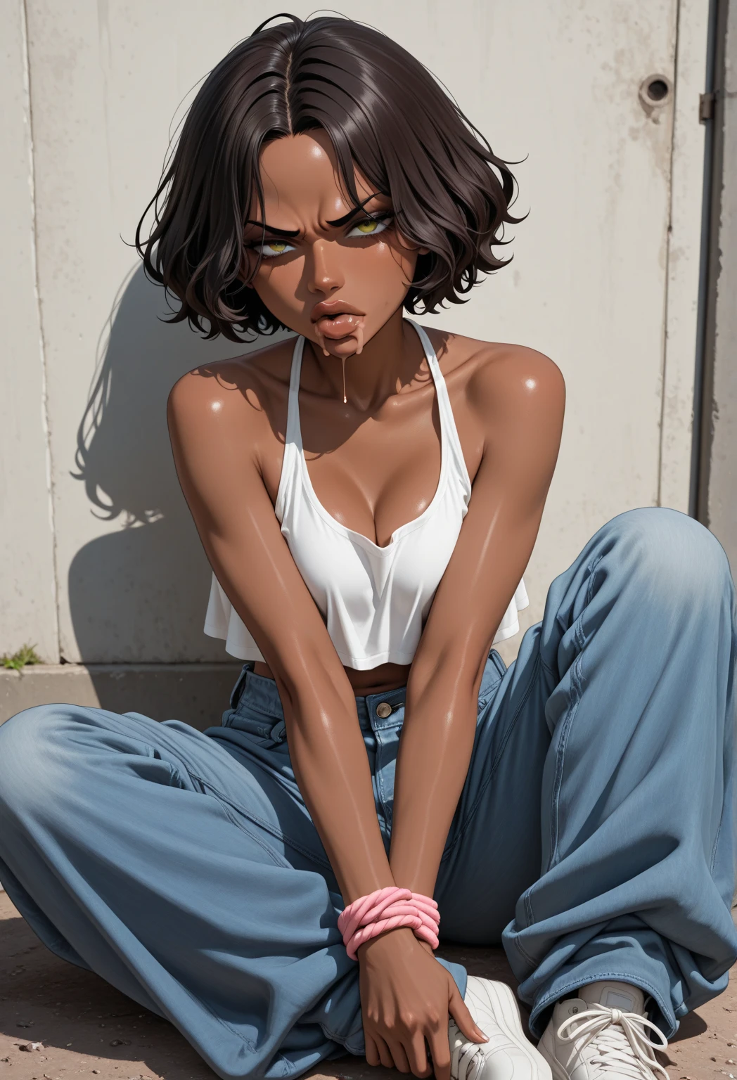 young african, new, naked, Unclothed, fully body, body skinny, breasts small, large nipples, afro hair, Bblack hair, detail-oriented eyes, light brown eyes, glasses, gold chain collar around the neck, vagina on display, Dark pubic hair, pink sneakers
