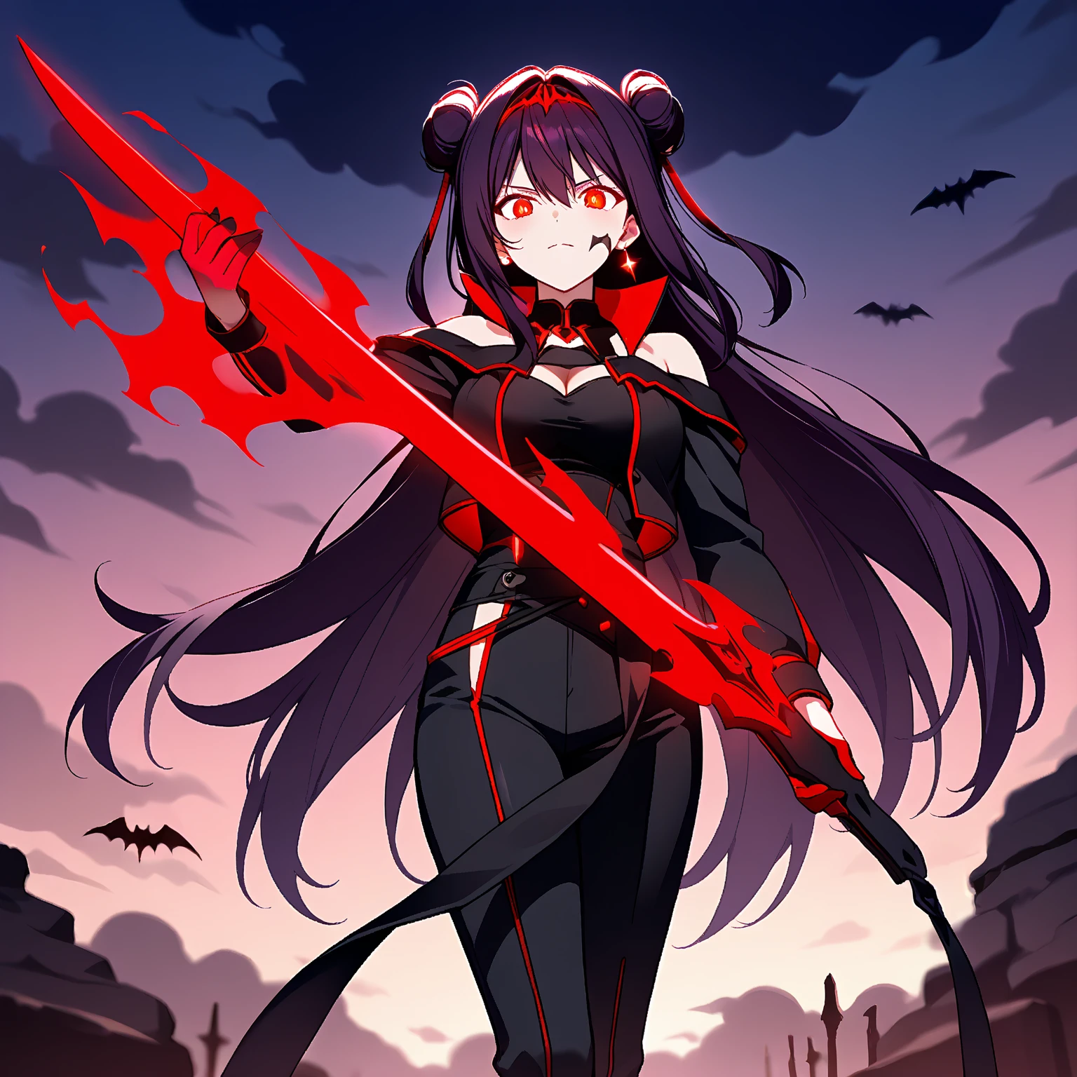 female, black hair, long hair, black turtleneck bodysuit, red eyes, red rose petals, highres, absurdres, 8K, masterpiece, looking at viewer, nsfw, snow, big waist, holding scythe, closeup