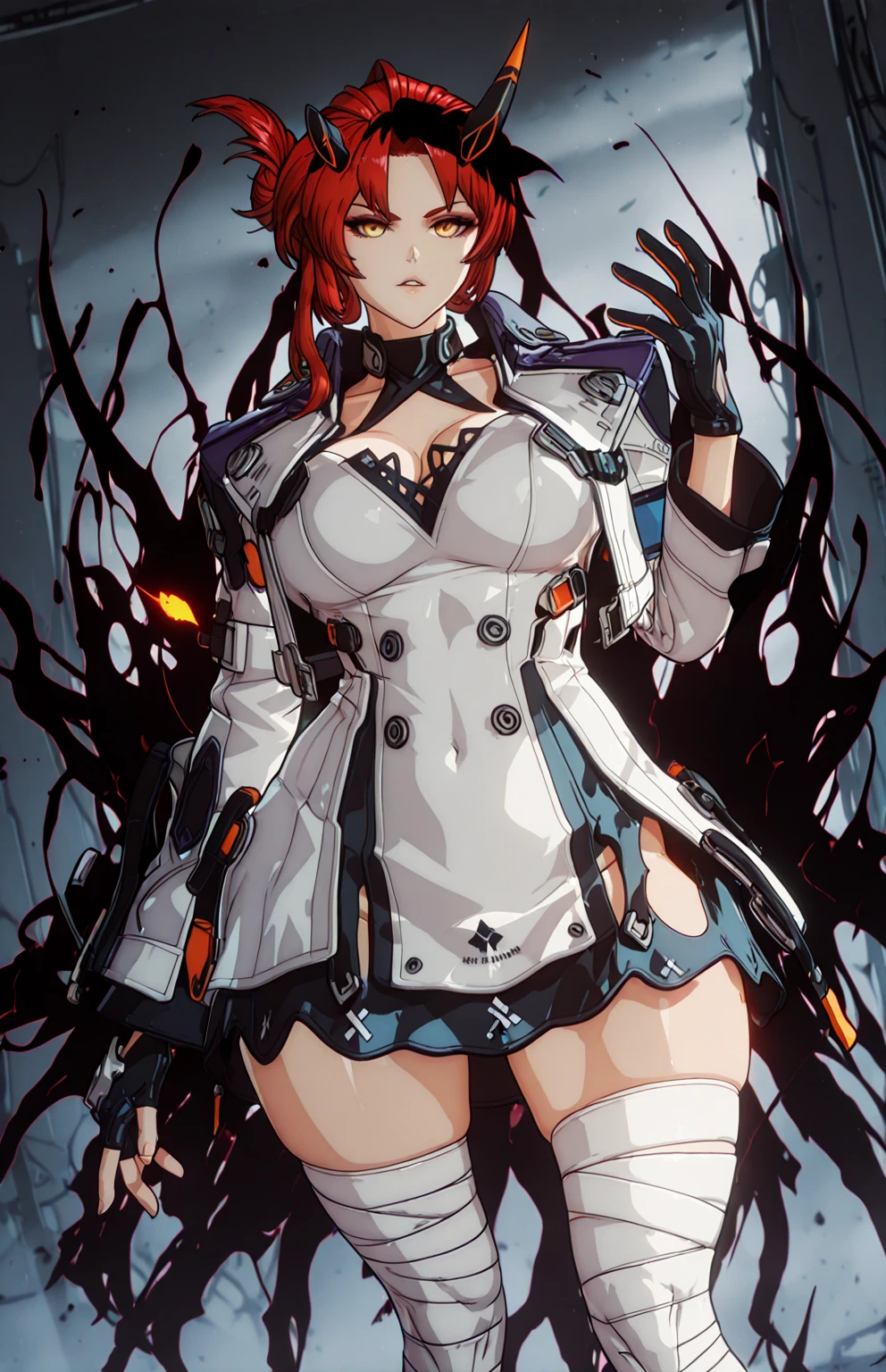 ggstduel, (hiiragi_yuuichi-style:1.2), (zonda_(solid_air)-style:0.8), ((anatomical correct)), ((Cinematic, unreal engine, eye-catching, ambient occlusion, UHD, masterpiece)), ((perfect lighting)), fog, perfect body, perfect eyes, perfect fingers, gasping, heavy breathing, gasping profusely, ((skindentation)), ((curvy)), Murata Himeko, short hair,messy hair,hair up,single hair bun,hair one side up,forehead,parted bangs,yellow eyes, plump, (aura), (black aura:1.2), 1girl, breasts, horns, glowing, dress, white_dress, solo, cleavage, bandages, bandaged_leg, glowing_eyes, looking_at_viewer, ahoge, parted_lips, glowing_eye, monster_girl, colored_sclera, black_sclera, black hands, shadow, shadow hands,