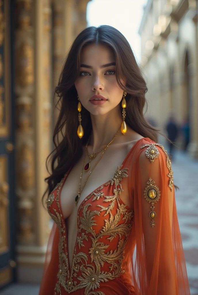 (best quality,4k,8k,highres,masterpiece:1.2),ultra-detailed,(realistic,photorealistic,photo-realistic:1.37), best quality, incredibly attractive and beautiful evariel, perfect slim fit body, perfect proportions, voluptuous, wavy hair, big gorgeous eyes, parted lips, colorful intricate designer kaftan, sitting, luxury grand hotel room, soft tones, clean lines, intricate details, outstanding composition, photorealistic, perfect illustration, ultra high definition, 8k