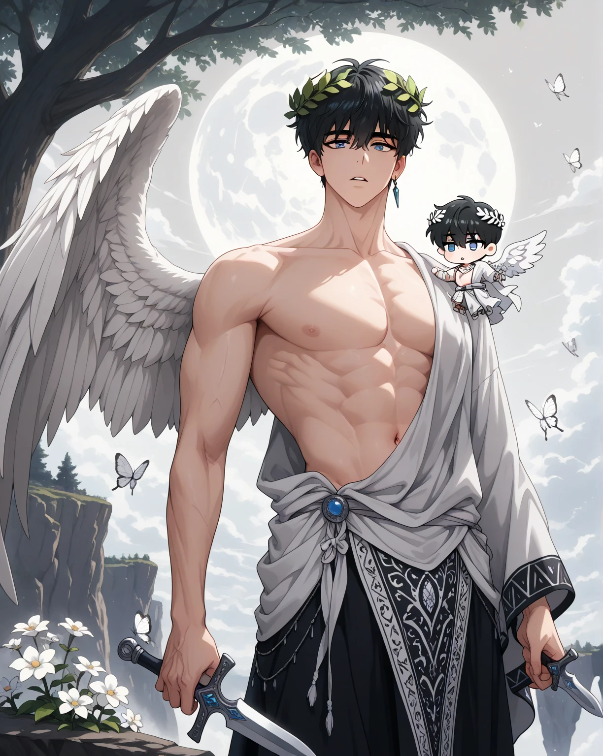 Solo, Score_9, score_8_up, score_7_up, a tall slender male, white demon wings, curly hair, short black hair, black sclera, red eyes, Greek statue aesthetic, posing gracefully, majestic pose, body skimpily covered by white cloths, a black halo over his head