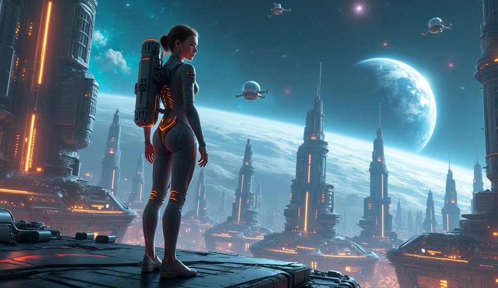 Highest quality,(masterpiece:1.2),Ultra-high resolution,Raw color photography,8K,Vast landscape photography,Realistic photos,Elaborate photos,Woman living in a futuristic city,Futuristic clothing,(From the back:1.5),(From below:1.2,Woman standing in a futuristic city,The vast city spreads out before your eyes,The sky is a vast universe,Dark Sky),Written boundary depth,Wide Light,Low contrast,Backlight,Sharp focus,Vibrant colors,Dynamic configuration