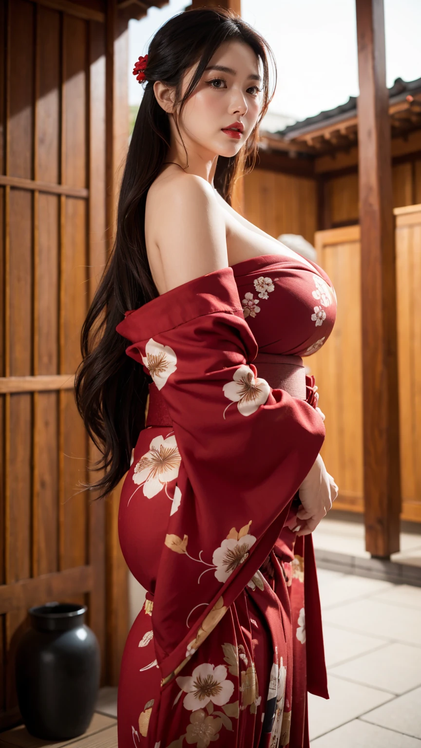 (8K、RAW photo, highest quality, masterpiece:1.2、RAW photo)、portrait, ((High resolution RAW color photos)), professional photos、super resolution, (realistic, real photos:1.3), cinematic light, Angle from a long distance、Super detailed, very detailed and beautiful, very detailed, amazing details、((Full body Esbian))、((Angle from a long distance:1.3))、A 30-year-old elegant lady:1.2、cute beautiful woman with perfect body:1.4、slim big:1.2、amazing details、cute beautiful woman with perfect body:1.4、slim big:1.2、shiny skin、glossy lips、High-definition face and skin texture、fine eyes、double eyelid、very detailed、(dark brown hair color、long hair、curly hair)、(Shiny skin)、(((ample breasts:1.4)))、(high resolution chest、happy expression)、((Clothing:1.3、Red kimono:1.4))、Off-the-shoulder kimono、((Stand Sexy))、shrine