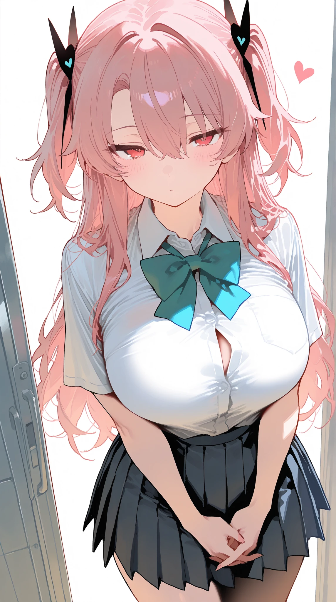 (((masterpiece,best quality,hires,detailed))),illustration,(((perfect anatmy))),detailed background,outdoors,day,city,street,1girl,(cowboy shot),(sailer uniform,white shirt,Navy collar, red chest ribbon),(((lying on back))),(huge breasts,cleavage),detailed face,detailed pink hair,detailed green eyes,shining eyes,better hands,
