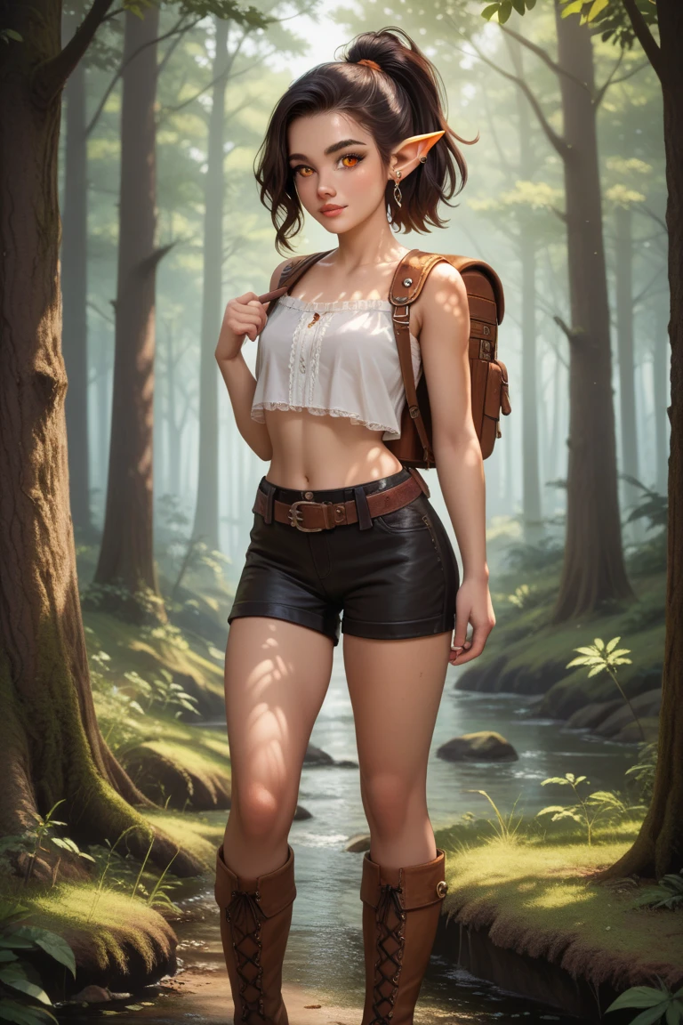 An illustrated movie poster, hand-drawn, full color, a teenage elven girl, wearing a lace bralette and bloomer shorts, tall, toned, slender hourglass figure, long pointy elf ears, light hazel eyes, dark hair, short curly bob, deep sun-tanned skintone, standing in a sunny rainshower, wet clothes, graphite shading, stencil marks, airbrushed acrylic paint, masterpiece, in the style of the Lord of the Rings