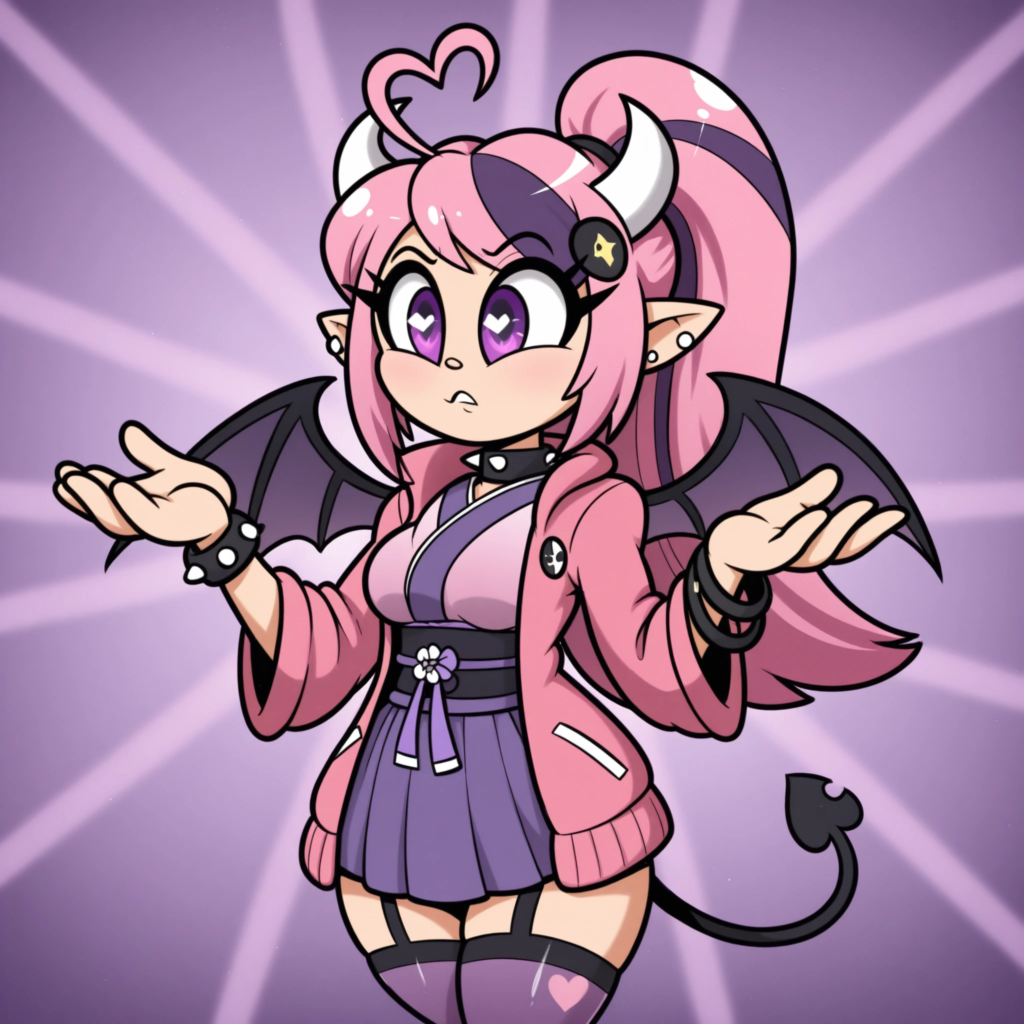 masterpiece, best quality, Rubberhose, toon \(style\) IronmouseYokaiHunter, purple eyes, demon horns, demon girl, demon tail, demon wings, pointy ears, ponytail, long hair, earrings, bangs, hair ornament, ear piercing, heart ahoge, jewelry, japanese clothes, pink jacket, kimono, purple skirt, spiked collar, bracelet, single thighhigh
