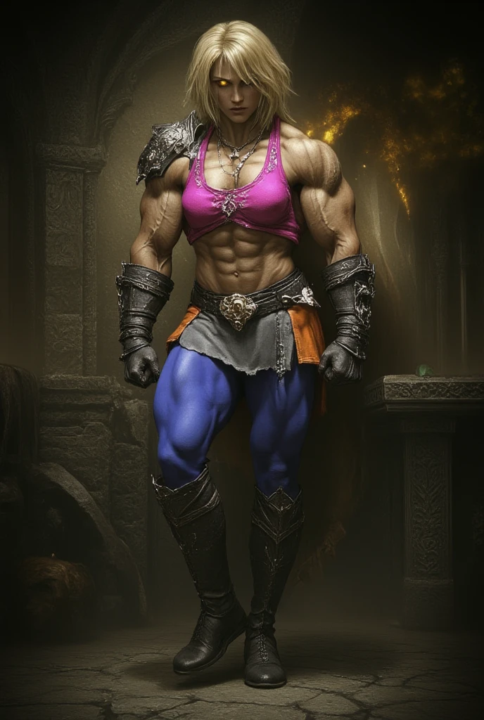 full body, whole body. loincloth standing, hands on hips full body, 1solo (girl). slave fighter, metal sandals, choker, big belt, view from below, feet together, bracers, tiara