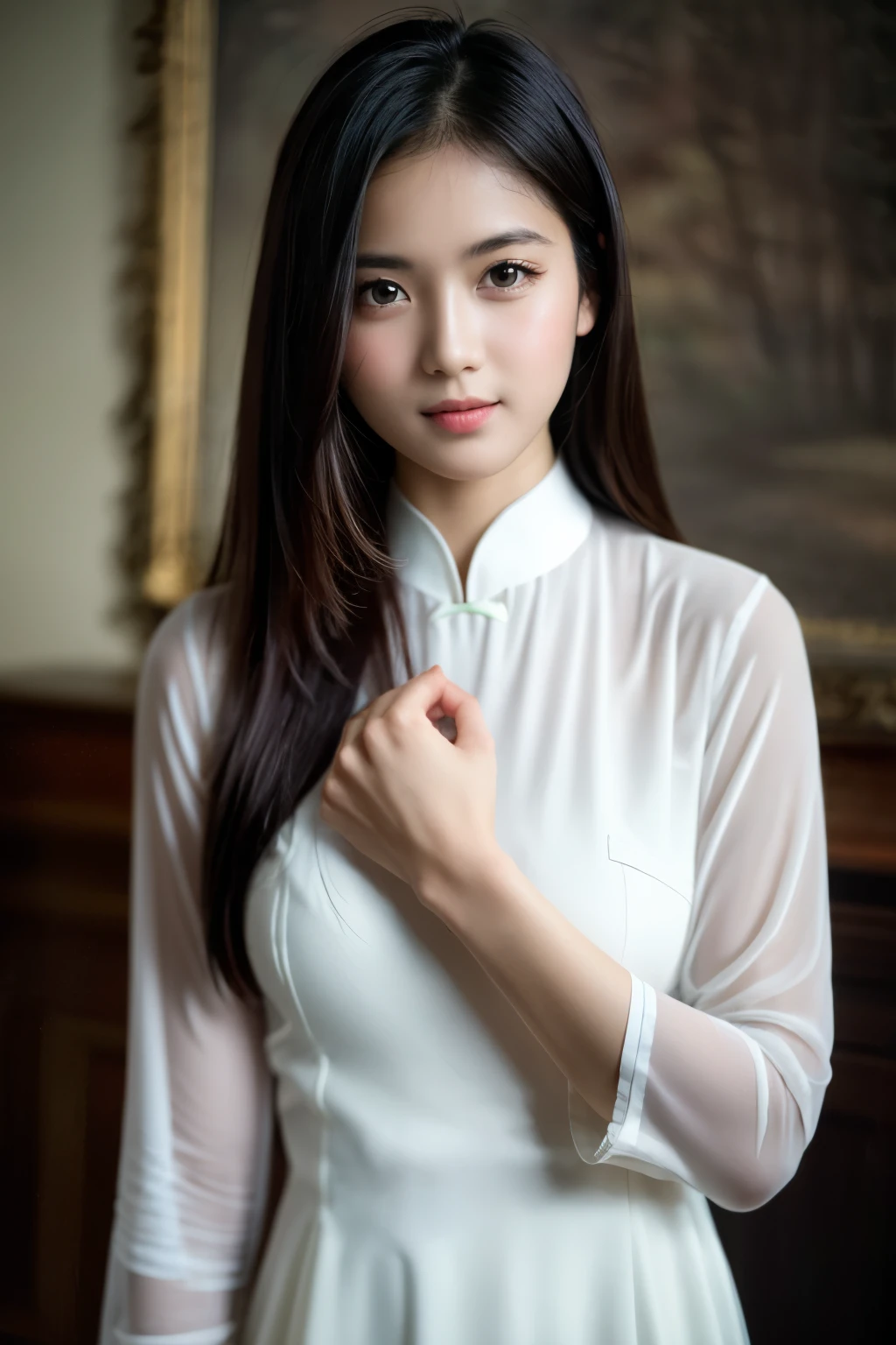 1girl, aodai white, photo art, (flower), a stunning photo with beautiful saturation, ultra high res,(realistic:1.4)),deep shadow,(best quality, masterpiece), pale skin, dimly lit, shade, flustered, blush, highly detailed, skinny, BREAK depth of field, film grain, wrinkled skin, looking at viewer, knee, warm smile, (upper body), masterpiece,ultra realistic,32k,extremely detailed CG unity 8k wallpaper, best quality