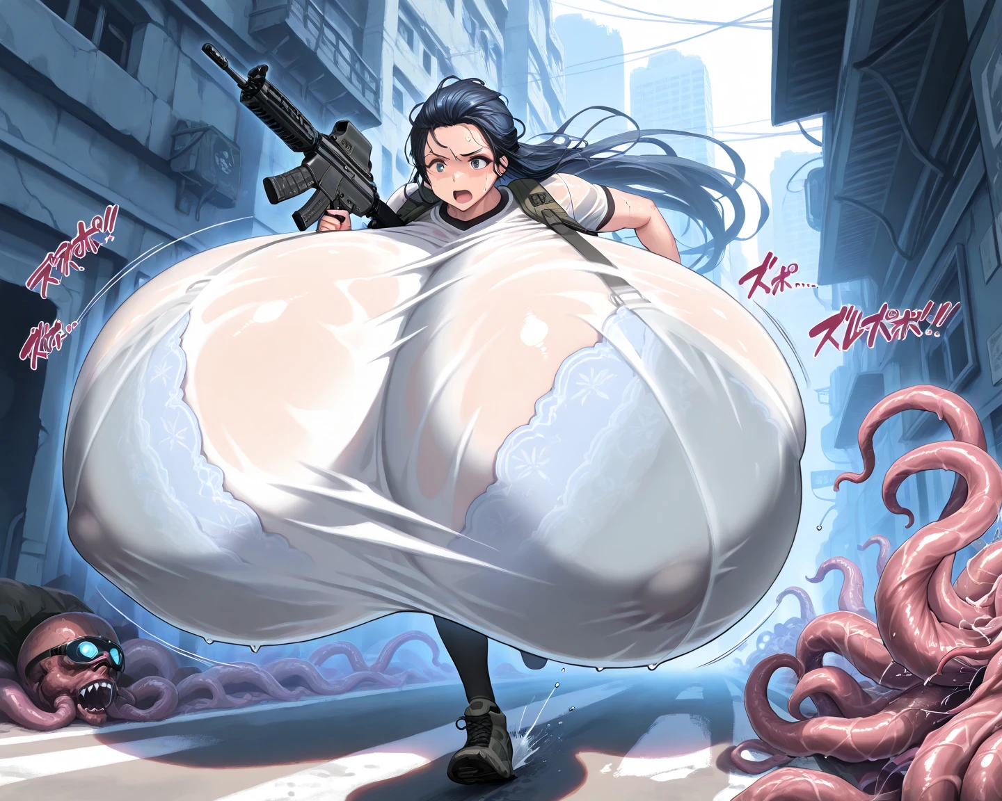 A tentacle man holding four tits behind his back tentacle girl, slime, goddess, royal sister, parasitic devouring, mucus, nausea, blush and shyness, big breasts, pregnant, tall giantess, giantess standing by the city tall buildings, giant giantess, female monster, giant banshee, huge sense of oppression, horror beauty, bound play --auto