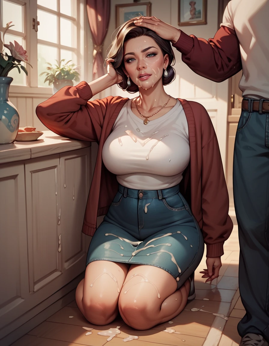score_9, score_8_up, score_7_up, 1boy, 1girl, mature female, (mother and son), kid, hand on head, kneeling, in a room, bukkake, boy small dick