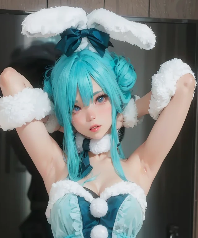 ((ultra realisitic)), ((picture-perfect)), ((face perfect)), ((ultra detaild)), ((fully body)), ((perfectbody)),a girl with bunny ears and blue hair and eyes wearing sexy white clothes, ((shia haulia)), ((Arifureta))