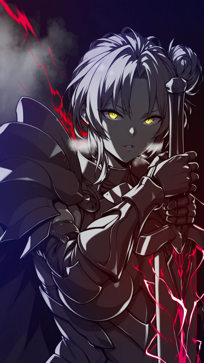 (hiiragi_yuuichi-style), (zonda_(solid_air)-style:0.8), ((anatomical correct)), vignetting, fog, ((monochrome, greyscale, manga-style, spot colors, yellow eyes)), (lineart:1.2), perfect body, perfect eyes, perfect fingers, gasping, heavy breathing, gasping profusely, ((skindentation)), ((curvy)), Murata Himeko, short hair,messy hair,hair up,single hair bun,hair one side up,forehead,parted bangs,yellow eyes, plump, (aura), (red aura:1.2), 1girl, solo, armor, weapon, sword, gauntlets, looking_at_viewer, glowing, holding, holding_weapon, holding_sword, glowing_eyes, parted_lips, upper_body, armored_dress, electricity, eyes trails