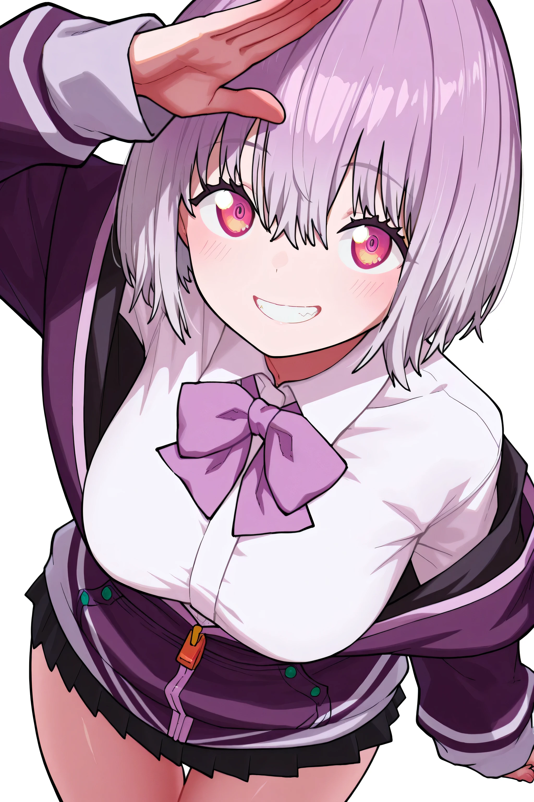 kmj-anonstyle, [artist:yoneyama mai], [artist: ekrea_jan], masterpiece,best quality,amazing quality, 748cmstyle, solo, eye focus, gridman universe, ssss.gridman, shinjou akane, 1girl, grin, hair between eyes, light blush, looking at viewer, purple bow, purple eyes, purple hair, salute, shirt, short hair, simple background, smile, off-shoulder jacket, purple jacket, partially unzipped, white shirt, purple bowtie, miniskirt, black skirt, teeth, white background, white shirt
