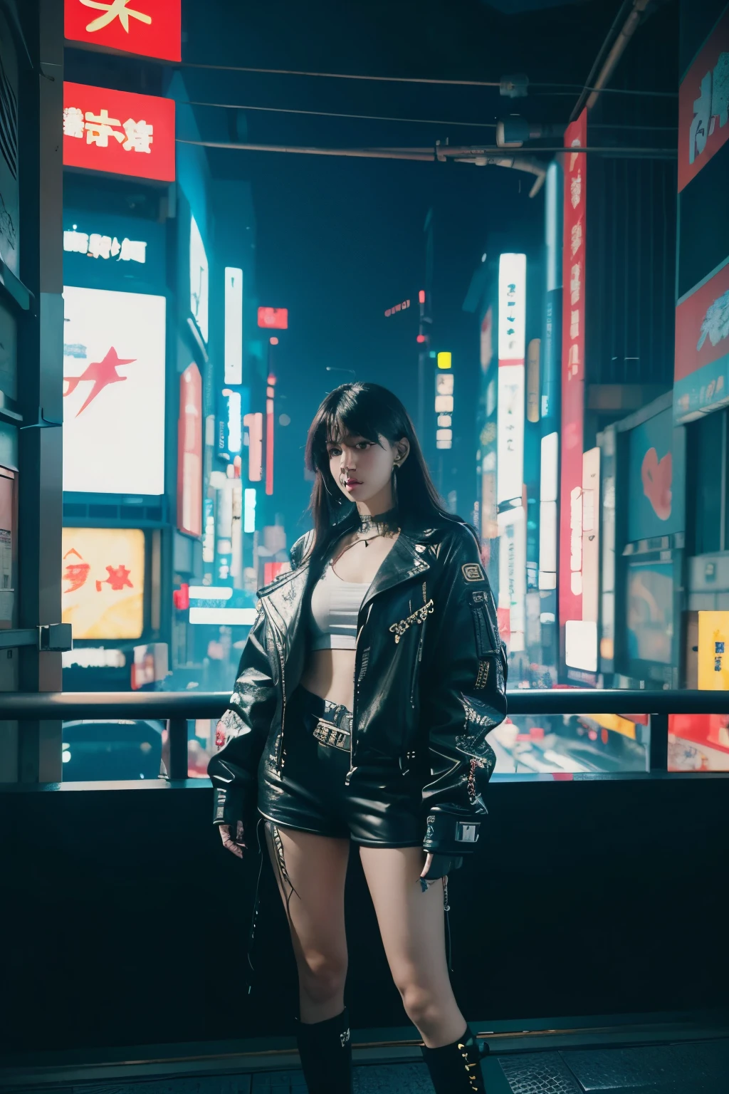 A girl, in the cyberpunk city, Cyberpunk Photos, Cyberpunk 2000. role model, in a future cyberpunk city, Woman, at an cyberpunk city, cyberpunk girl, cyberpunk style, cyberpunk girl, Tokyo&#39;s Future Cyberpunk Night, in the cyberpunk city, (work of art、4k resolution、Surrealism、very detailled), "Full and juicy lips, charming big eyes, clear jaw, and high cheekbones. perfectly symmetrical face，The facial features are distinct.", wear glasses, korean.