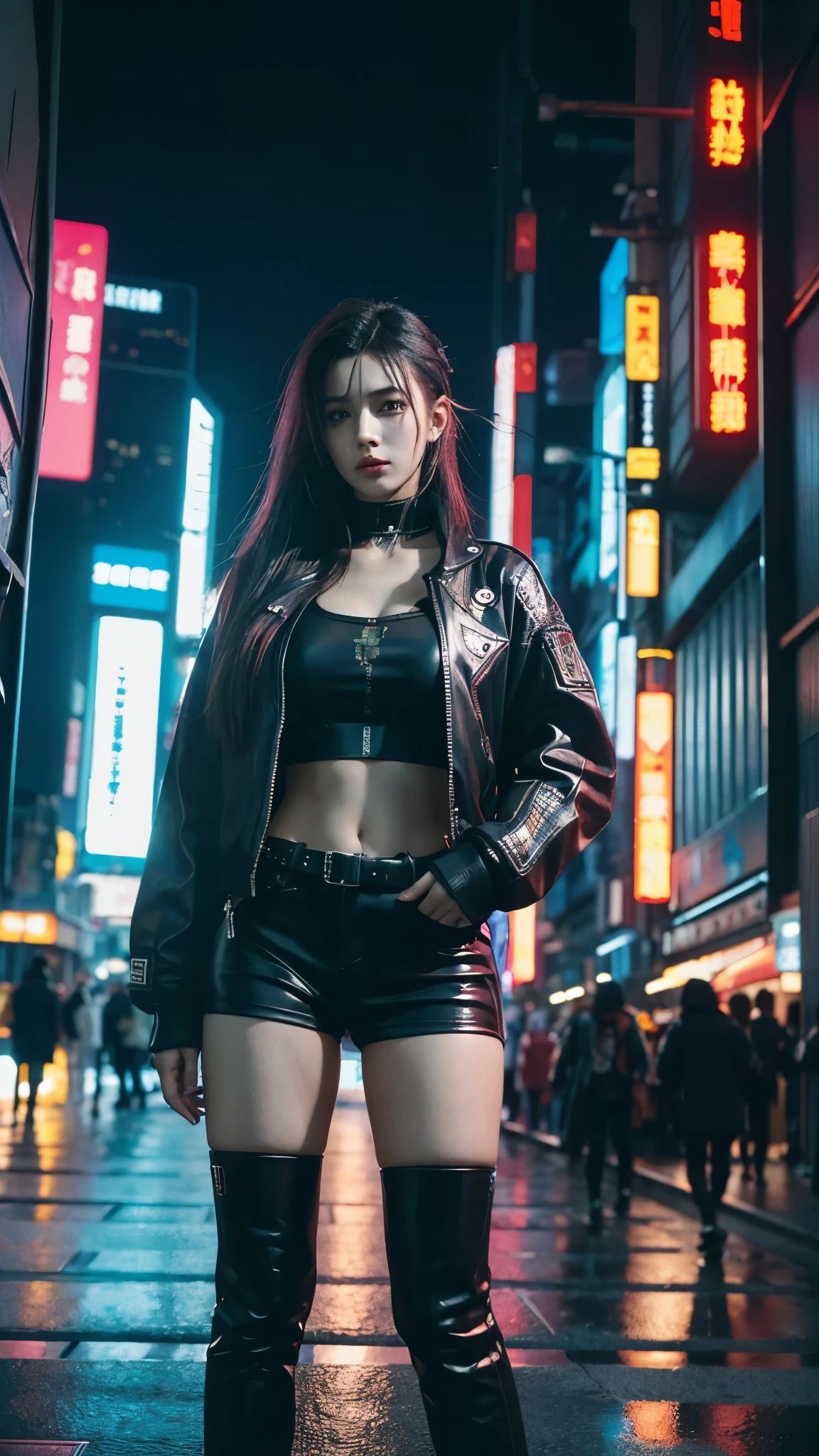 A girl, in the cyberpunk city, Cyberpunk Photos, Cyberpunk 2000. role model, in a future cyberpunk city, Woman, at an cyberpunk city, cyberpunk girl, cyberpunk style, cyberpunk girl, Tokyo&#39;s Future Cyberpunk Night, in the cyberpunk city, (work of art、4k resolution、Surrealism、very detailled), "Full and juicy lips, charming big eyes, clear jaw, and high cheekbones. perfectly symmetrical face，The facial features are distinct.", wear glasses, korean.