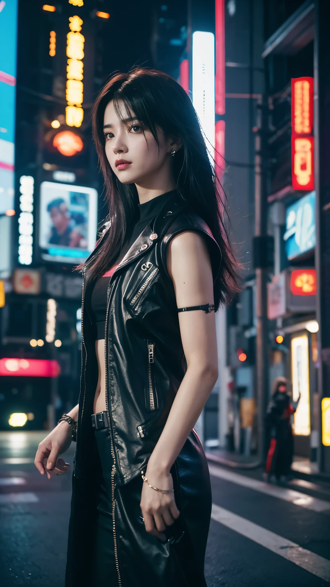 A girl, in the cyberpunk city, Cyberpunk Photos, Cyberpunk 2000. role model, in a future cyberpunk city, Woman, at an cyberpunk city, cyberpunk girl, cyberpunk style, cyberpunk girl, Tokyo's Future Cyberpunk Night, in the cyberpunk city, (work of art、4k resolution、Surrealism、very detailled), "Full and juicy lips, charming big eyes, clear jaw, and high cheekbones. perfectly symmetrical face,The facial features are distinct.", wear glasses, korean.