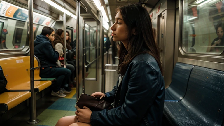 One girl on train with a lot of people around her