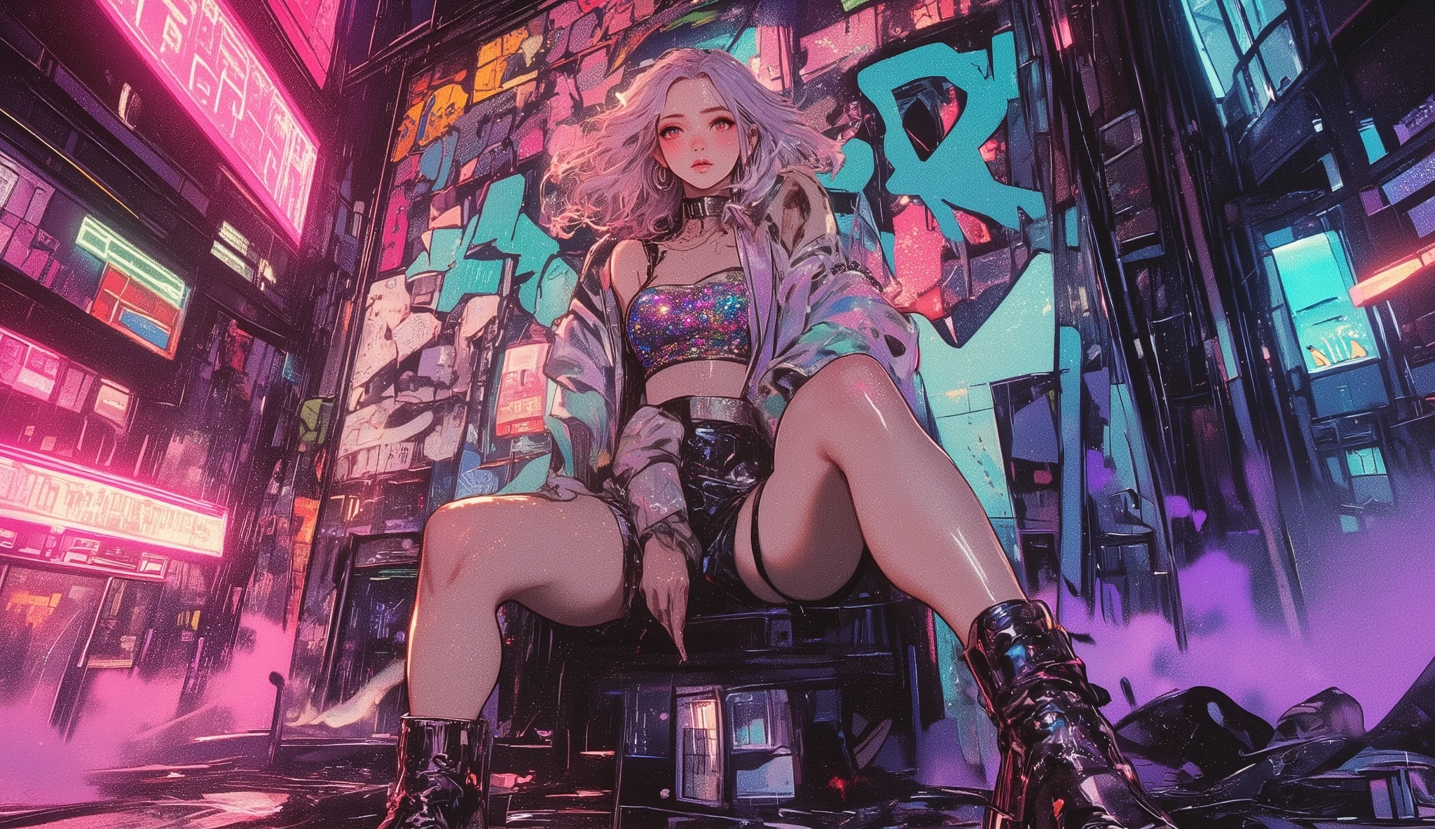 A detailed digital drawing of a bold woman from a low-angle view,with striking red eyes, posing against a huge graffiti-covered wall at night. She wears a sparkling sequin tube top, metallic miniskirt, pastel translucent jacket, and high platform shoes. Her pastel-dyed hair flows freely in the breeze. The surrounding graffiti shines under neon lighting—hot pink, soft teal, purple mists—creating a raw yet dreamy 80s street vibe and retro-futuristic.4K