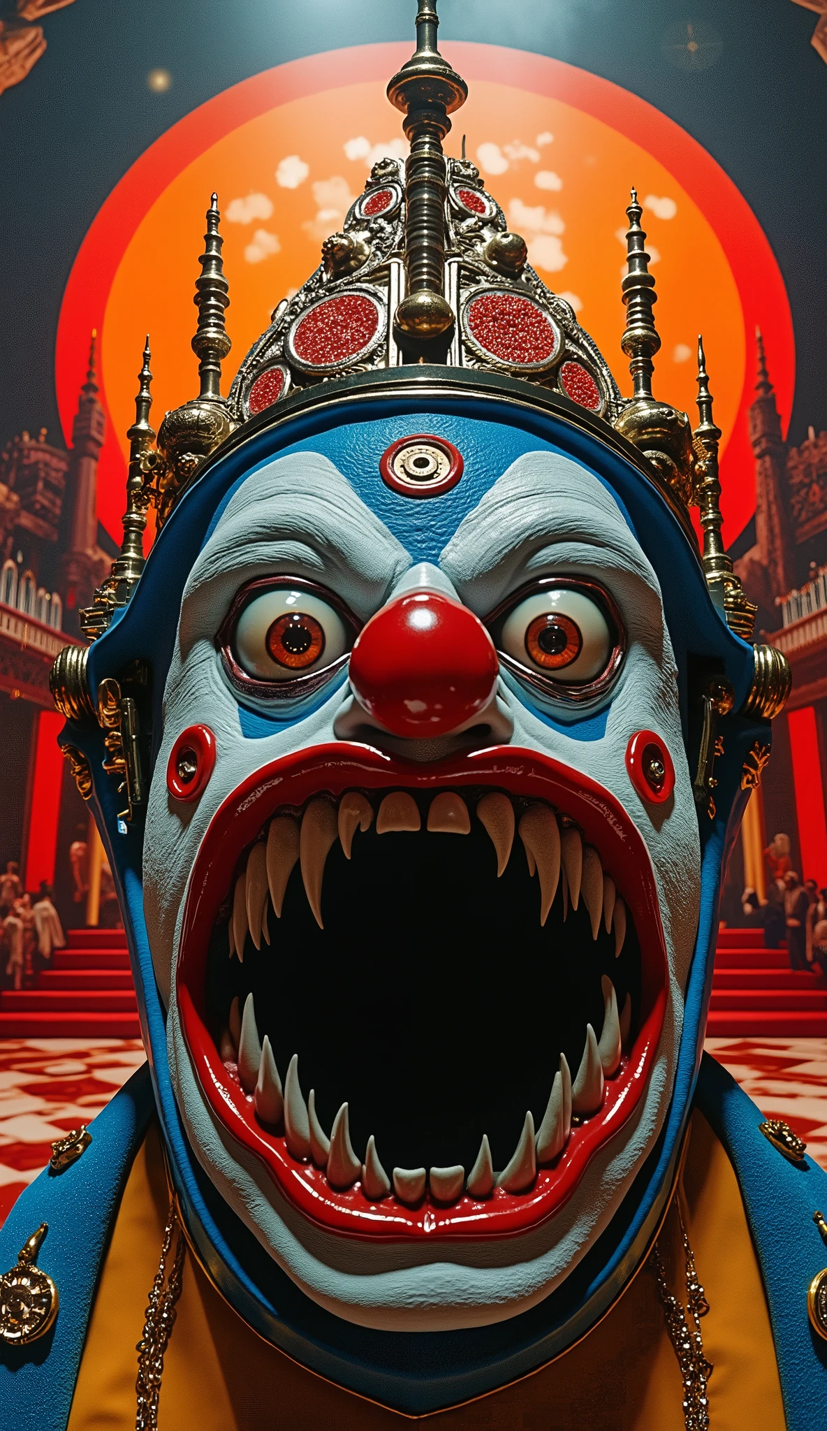 Surrealist Psicopop. Intriguing people in the circus. clowns. Clockwork Orange film. cinematic. 8K.