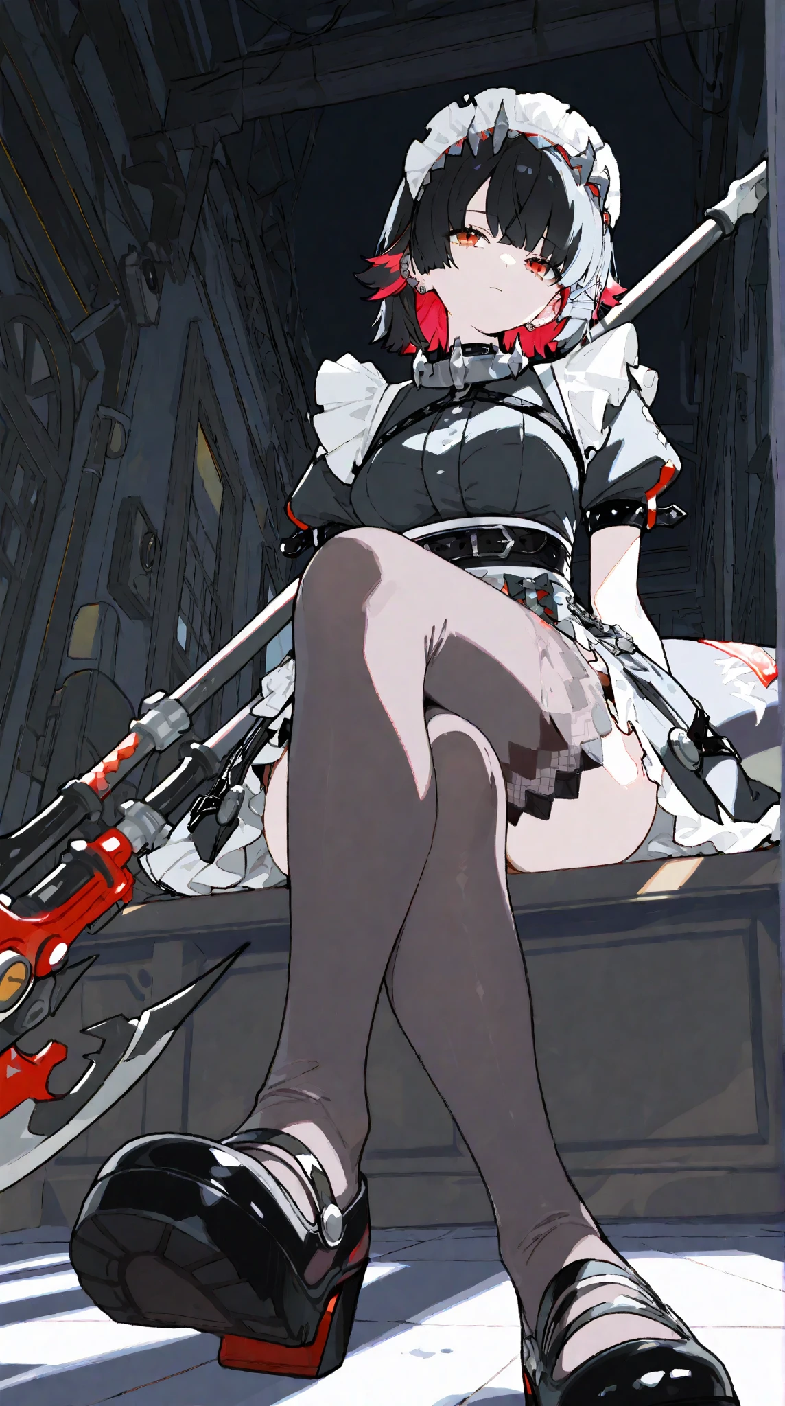 1girl, solo, indoors, skg_marie, maid, maid apron, maid headdress, twin tails, skull hair ornament, red brooch, juliet sleeves, black shoes, white thigh high stockings, light rays, glow, (masterpiece), highlight thighs, thick thighs, highlight buttocks, (front view), (solo portrait)
