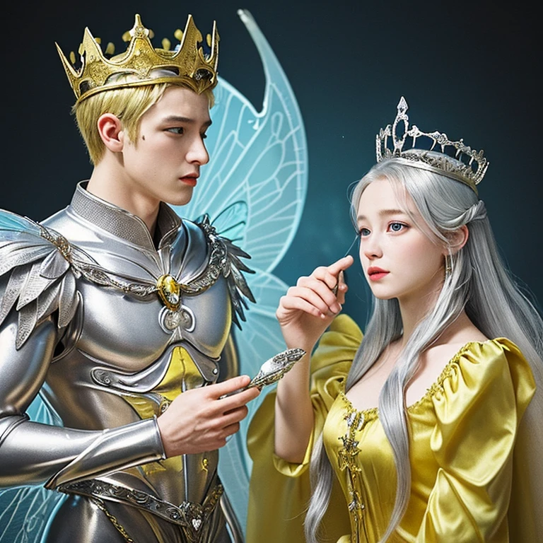 A handsome king with silver hair, intricate 8K, elegant, highly detailed, majestic, digital photography, art by Artgerm and Ruan Jia and Greg Rutkowski Surreal painting of purple butterfly filigree, broken glass (masterpiece, side lighting, beautiful finely detailed eyes: 1.2 ), HDR