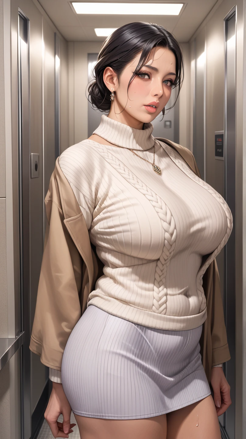((A mature woman sits in front of a café)),((turtleneck shirts:1.3)). 40k, Photography, Masterpiece, Best quality, dark grey background, ((Mature women, Wife, Mom, A MILF)), ((A plump chest)), Perfect face, perfect , ((Breast-huge)), ((1 girl with brown eyes and gorgeous light black hair)). a Pretty Japanese woman,full soft breasts and white skin, ((very soft breasts)). Ultra-detailed face, Detailed eyes, Embarrassed, Smile, Summer, Daytime, (((Slave collar))), Half body, dated