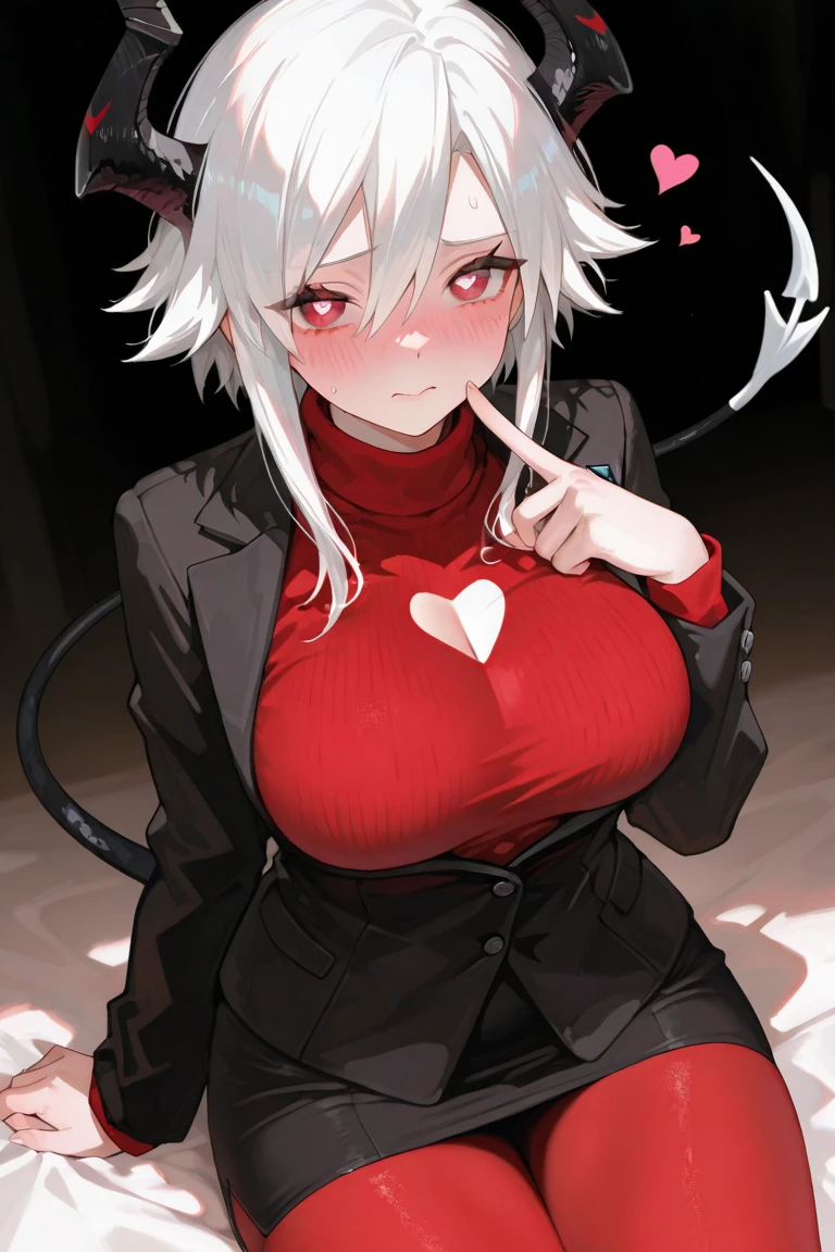 beautiful, (masterpiece:1.2), (best quality:1.2), perfect eyes, perfect face, perfect lighting, 1girl, areola slip, black horns, black pants, black tail, blush, covered nipples, cross, cross necklace, dated, demon girl, demon horns, demon tail, downblouse, eyeshadow, hair over one eye, horns, jewelry, leaning forward, looking at viewer, makeup, necklace, pants, red eyes, red shirt, shirt, short hair, solo, tail, white hair, v arms, arms down, elbow squeeze, small breasts, (breasts squeezed together), <lora:Elbow Squeeze LoRA:0.75>