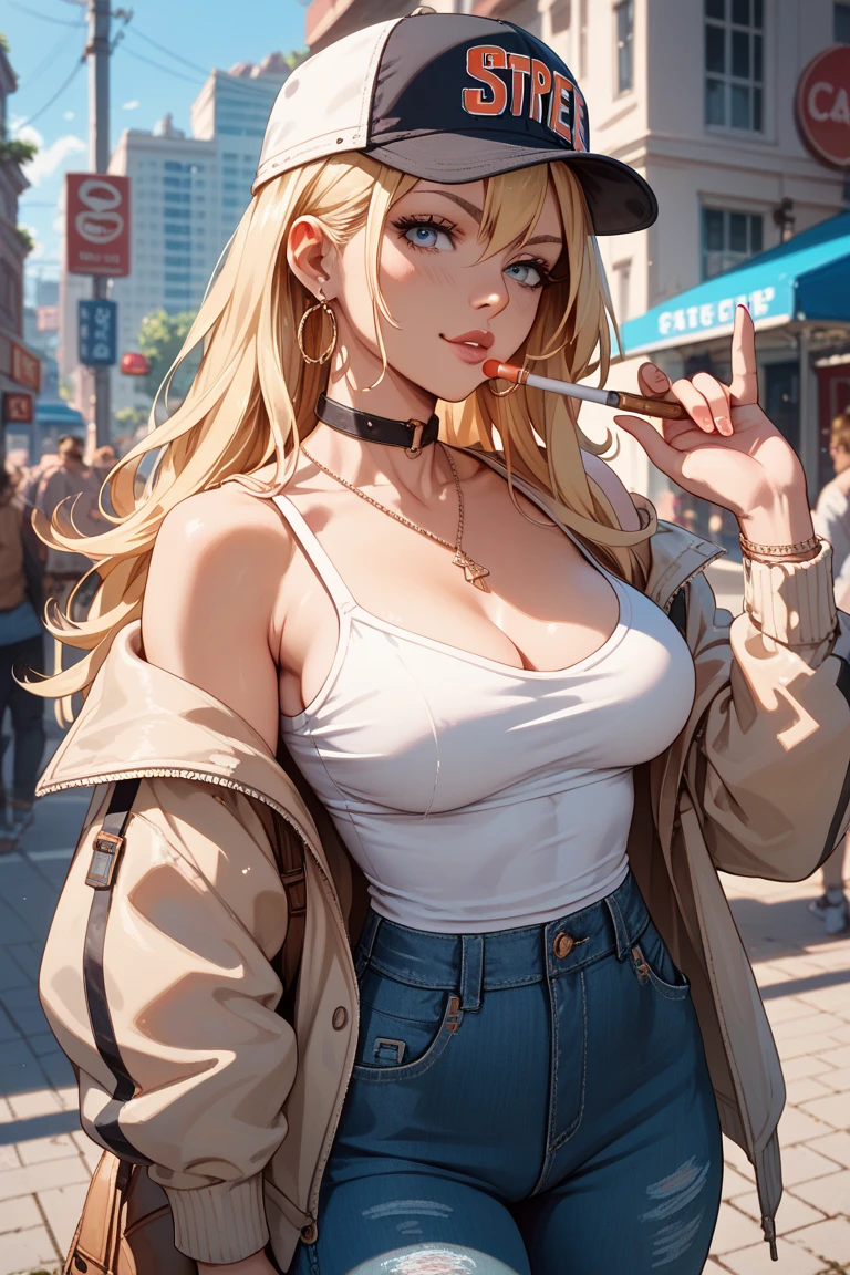 (best quality: 1.2), clean face, (masterpiece: 1.2, 8k) perfect anatomy, 1girl,a beautiful fashion model ,(masterpiece, official art, best quality shiny hair, blonde hair with streaks in hair, full lips, big breasts, looking at viewer, revealing outfit, absurdity, intricate details, dynamic pose, club, , wearing short shorts and a tight white top, cleavage, shiny body, thong straps, open shorts, celebrity, sunglasses, biting lip, tugging on shirt