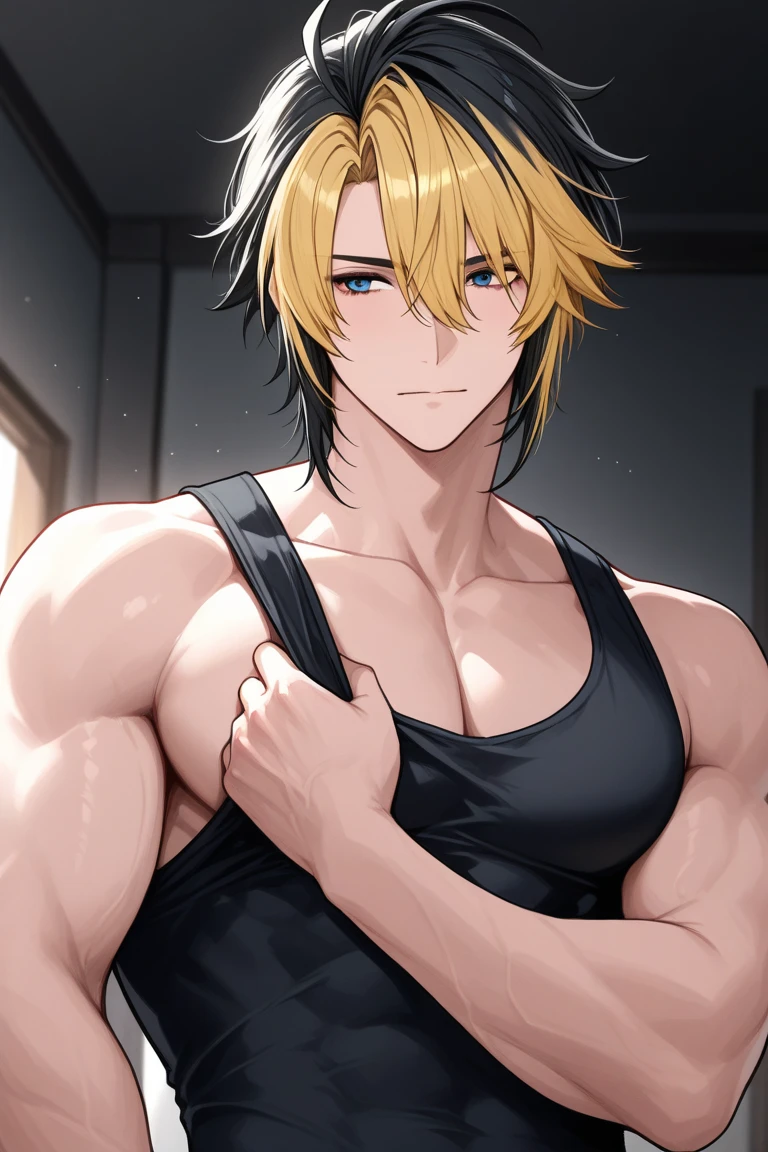 Masterpiece, best quality, 1 Male,blonde hair,tank top