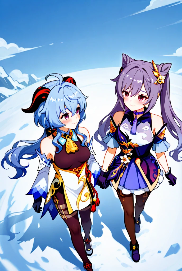 keqing(genshin impact),full bodyesbian，Hands behind your back，ssmile，exteriors，In the daytime，simple backgound，blue-sky，Skysky，looking at viewert，are standing，moody light，
