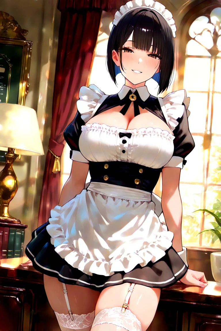 Private Maid, (compensate:1.2), Twin tails, Very long hair, Cat ear, Maid's Headdress, Hair Clip, Cleavage, Huge breasts, Neck bell, bow, ((Maid Apron)), White gloves, elbow gloves, Garter Straps, White knee socks, corruption, Hollow Eyes, Half-closed eyes, Wicked Smile, No students, Grin, Open your mouth, One girl, Mature Woman, Married women, (Dark Magical Girl), Dark Theme, Dark person