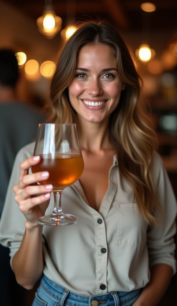 <lora:dakota:1> a woman (taking a drink:1.2) in the table of a bar, smiling, wearing leather jacket,(half body shot) , (8k uhd) RAW proffesional photograph, photo, masterpiece, realistic, realism, photorealism, high contrast, photorealistic, digital art, trending on Artstation ,8k, HD, high definition ,detailed realistic, detailed, hyper detailed, best quality, ultra high res, (photorealistic:1.4), high resolution, detailed, raw photo, sharp , rich colors,hyper realistic, lifelike texture, dramatic lighting, unreal engine, trending on artstation