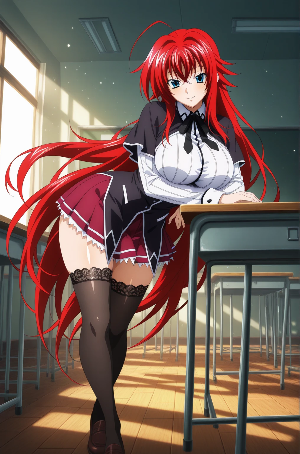 ((1girl)),((alone)),RiasGremory,(masterpiece), (best quality), (ultra detailed), (best illustration), (best shadow), (absurdities), sharp focus, cowboy shot, dynamic pose looking at viewer, big breasts, narrow waist, wide hips, medium thighs, round butt, dynamic posture, red hair, long hair, blue eyes, ahoge, , white shirt, striped shirt, long sleeves, bow on the collar, black bow, black corset, red skirt, short skirt, bare legs, white socks, brown loafers, smiling, playful look, seductive smile, closed mouth, seductive expression, (sexy pose: 1.2), ((only)), standing: 1.3, interior, school, classroom, desks, desk, window, sunset, looking forward, ((focus on hips), point of view (from below), red blush, perfect anatomy, perfect hands.