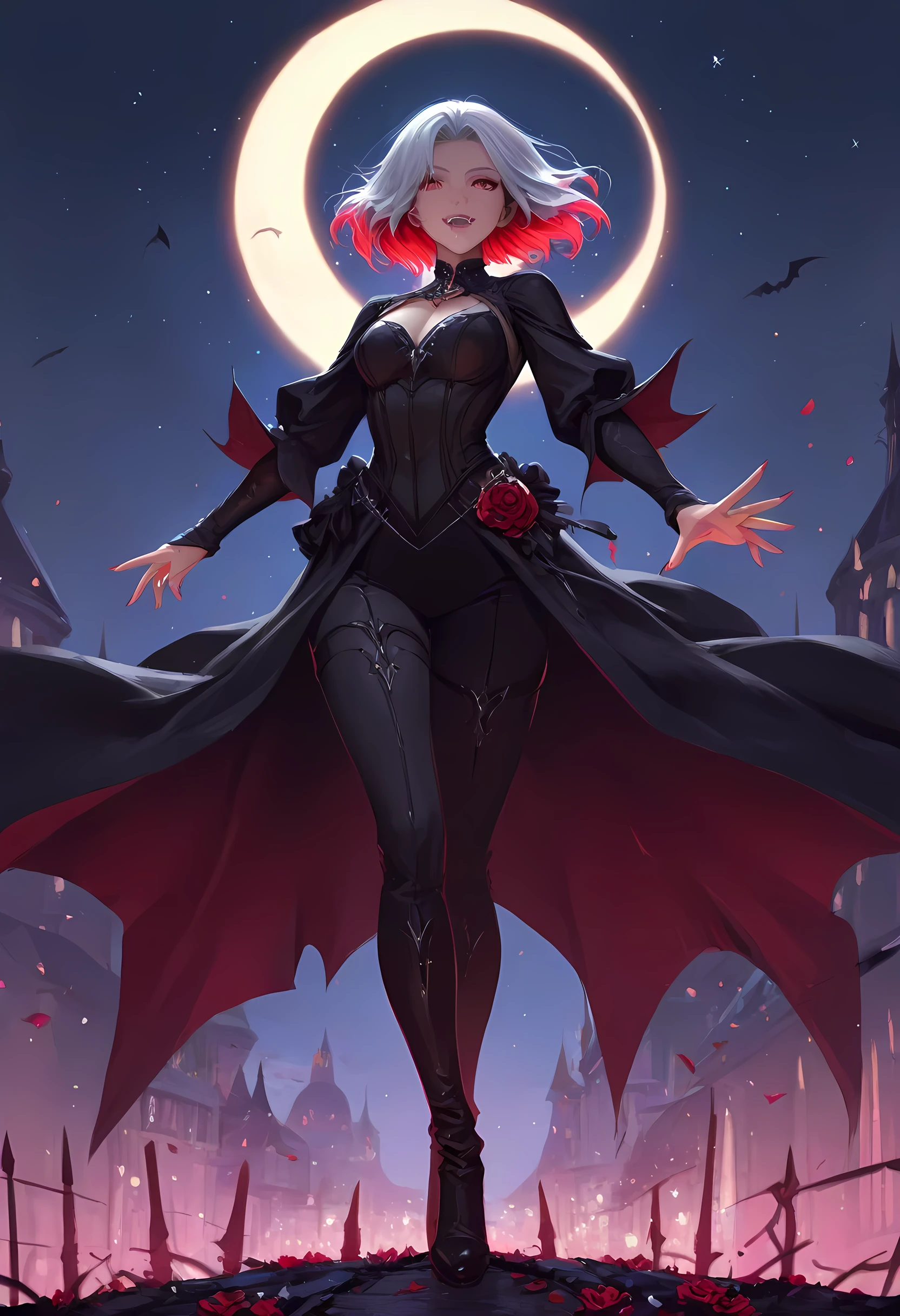 a full body portrait of a young female vampire gazing into the infinite stars in the night sky the stars are reflected in her eyes, a beautiful mature female vampire, dynamic hair color, dynamic skin complexion, wearing dynamic dress, looking into the stars, the stars are reflected in her red eyes, night sky, many, many shining stars, various colors stars,  vibrant, Ultra-high resolution, High Contrast, (masterpiece), highest quality, Best aesthetics), best details, best quality, highres, 16k, [ultra detailed], masterpiece, best quality, (extremely detailed), glowing,ember, fantasy, fflix_ufantasy, vampire, fangs