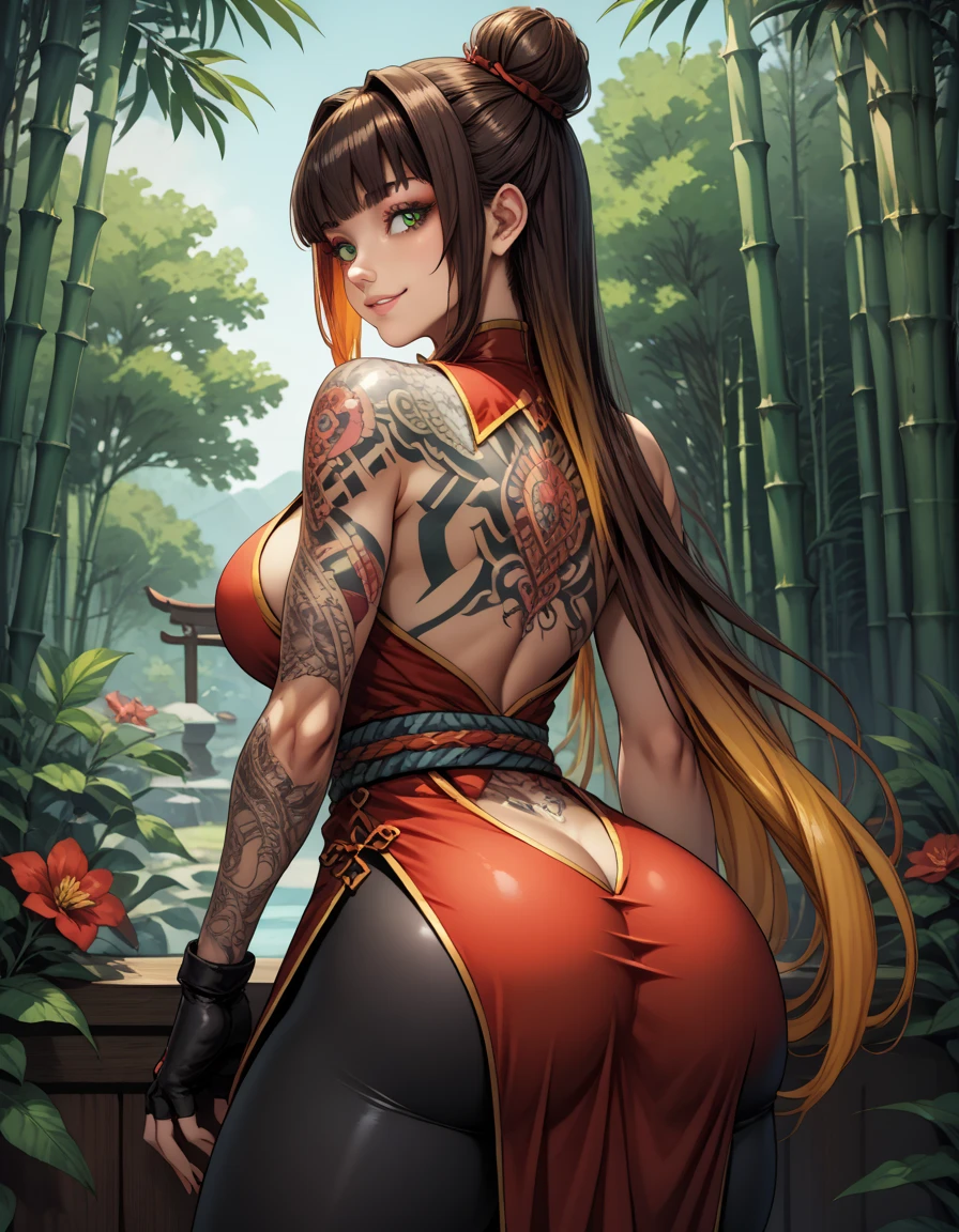 from behind, super high image, super detail, super high resolution, Japanese carving tattoo all over the back of a beautiful woman sitting cross-legged, light brown glossy ponytail, huge breasts, abs, armpit, professional lighting
