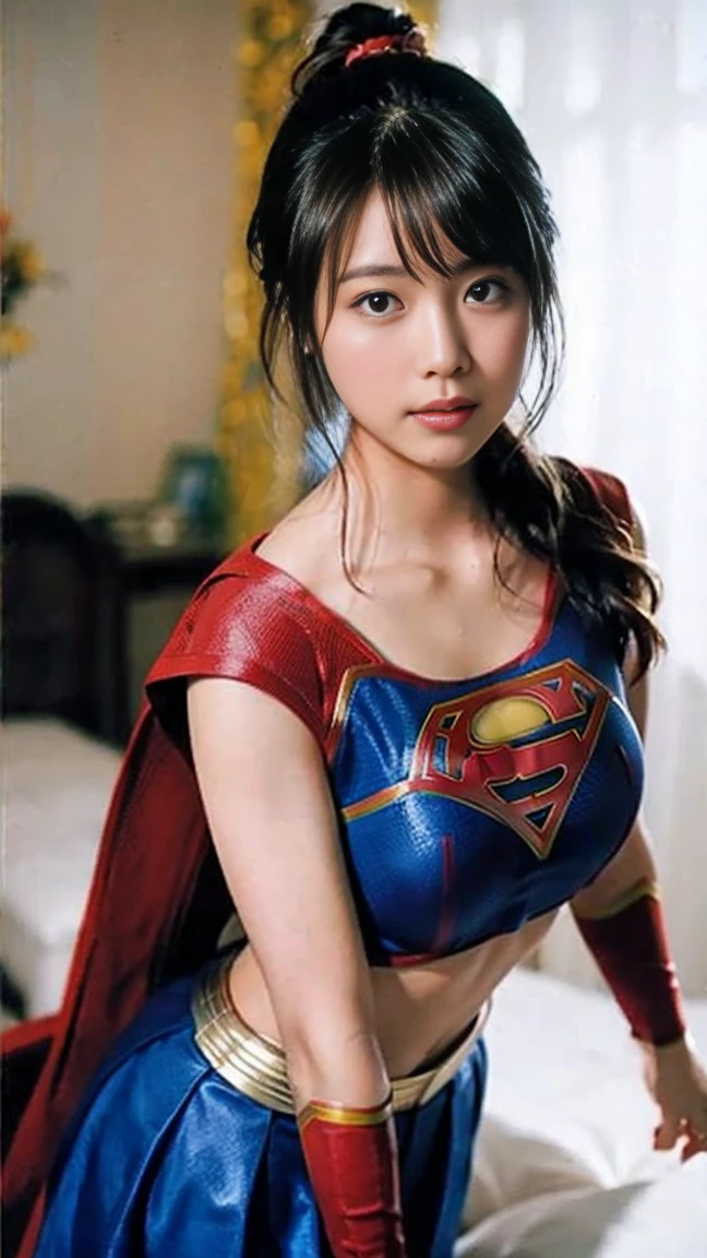 (High reality photograph, high resolusion photograph, super detailed face, detailed eyes) Skinny Japanese lady, various face expression, black long hair, skinny figure, medium breasts, very thin waist, Supergirl costume, full-body photo, alone in a photo