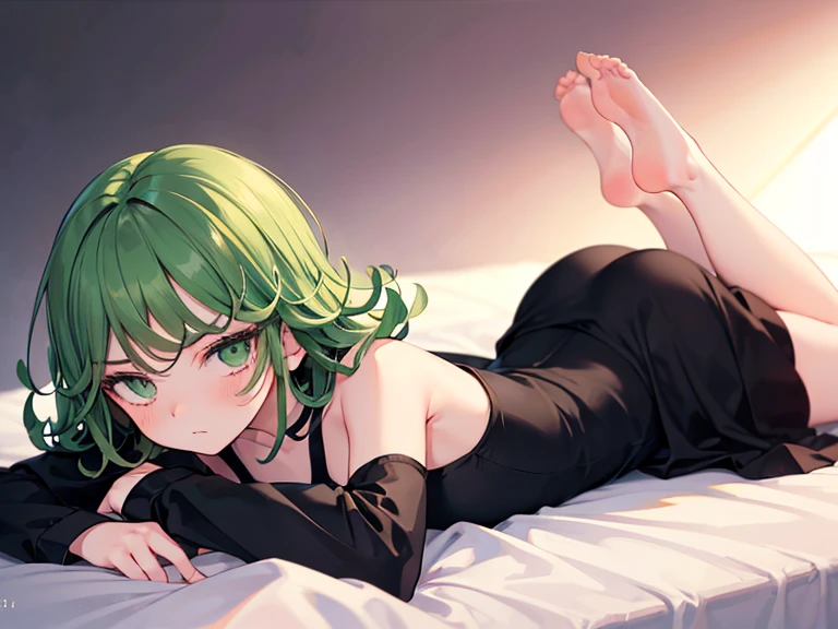 masterpiece, High resolution, High-definition CG Unity 8K,Beautiful and dense face, detailed hair texture, beautiful face,(1 girl),(purple eyes),big breasts, (Very short、Shaggy green hair), At night:1.2,smile、red cheeks,smile,distress,break,(embarrassing:1),(Troubled laughter:1.2),it hurts,smile :0.7,(throw),(Black Nightgown Skirt),、shorts,indoor、Bed、lie down、sleep、sheep horn、Lying down、lie down